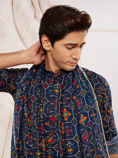 Men's Blue And Cream Rayon Kurta Pyjama And Dupatta Set